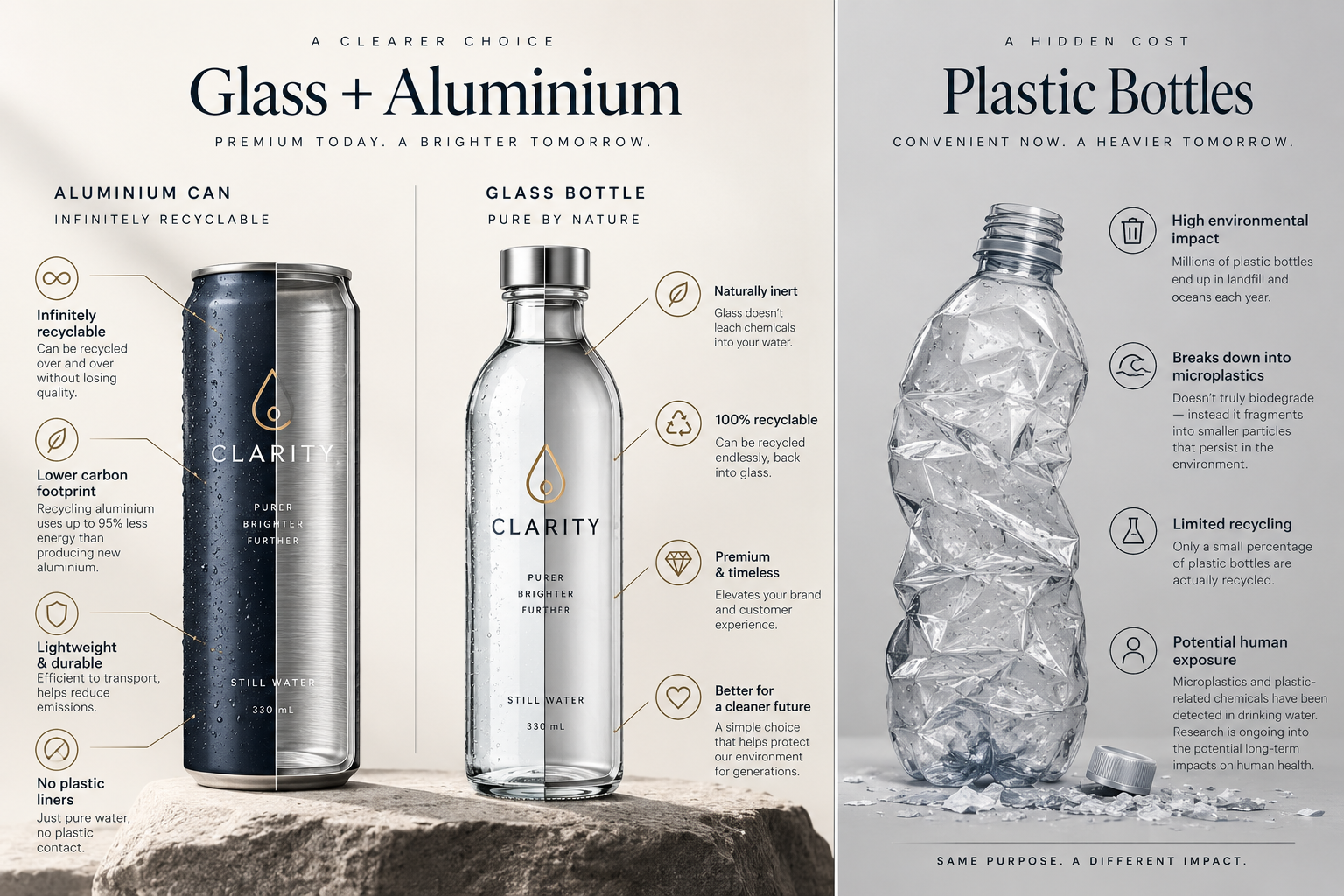Comparison of Clarity glass and aluminium water packaging with a plastic bottle, highlighting recyclability, environmental impact and material considerations.
